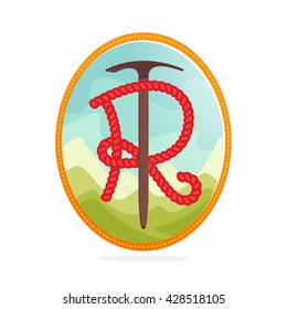 R letter outdoor logo formed by rope with axe. Mountain hiking themed vector elements.