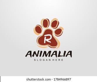 R Letter in Paw Shape Design. Pet logo design. Dog, Cat, animal clinic, pet care center. Paw vector logo Icon Template.