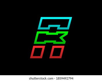 R letter rgb logo, vector desing font .Dynamic split red, green, blue color on black background. For social media,design elements, creative poster, web template and more