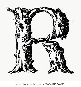 Letra R, fonte de caligrafia rústica, ilustração vintage isolada em branco, vetor. Fonte criativa e letra de tipografia, vetor isolado. Fonte preta vintage.