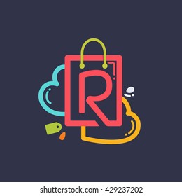 R letter with shopping bag and hearts icon. Vector design element for tag, card, corporate identity, label, sticker or poster.
