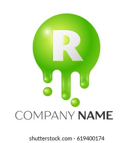 R Letter splash logo. Green dots and bubbles letter design on white background. Vector Illustration