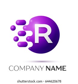 R Letter splash logo. Purple dots and circle bubble letter design on grey background. Vector Illustration