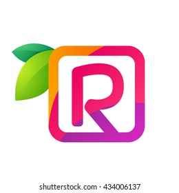 R letter in square with juice and green leaves. 