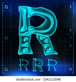R Letter Vector. Capital Digit. Roentgen X-ray Font Light Sign. Medical Radiology Neon Scan Effect. Alphabet. 3D Blue Light Digit With Bone. Medical, Pirate, Futuristic, Horror Style. Illustration
