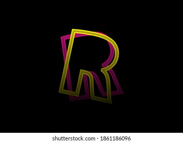 R letter vector design, shadow font logo. Dynamic split pink, yellow color on black background. For social media,design elements, creative poster, web template    

