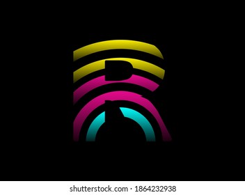Diseño vectorial de letra R, logotipo de tipo de letra en color Cmyk. Color dinámico de rosa, azul, amarillo sobre fondo negro. Para medios sociales, elementos de diseño, afiche creativo, plantilla web    


