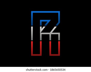 R letter vector desing, outline stroke font logo. Dynamic split grey,  blue color on black background. For social media,design elements, creative poster, web template and more


