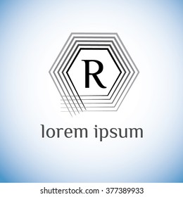 R letter vector logo template (sign, symbol, emblem, ornament). Hexagram linear vector frame.