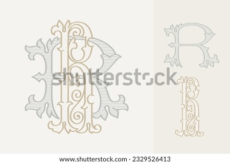 R letter wedding monogram creator kit. Elegant historical style alphabet for party invitations. This set includes Wide and Narrow capitals for your own emblem. Find full set in my profile.