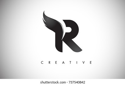 R Letter Wings Logo Design Icon. Flying Wing Letter Logo with Creative Black Wing Concept.