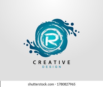 R Logo With Blue Splash Element. Blue Wave logo design template.