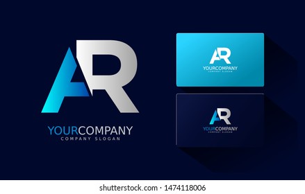 A R Logo and business card. AR Letter modern Design Vector with blue and silver gradient color.