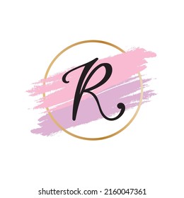 R Logo for company cosmetic business packaging. Digital hand lettering.Black letter on the pastel  bubblegum color in golden circle frame. Fashion luxury logotype emblem.
