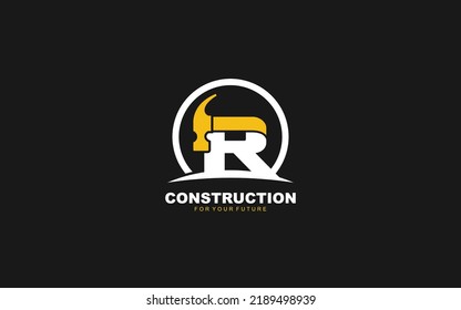 R logo construction vector for woodworking company. initial letter hammer template vector illustration for your brand.