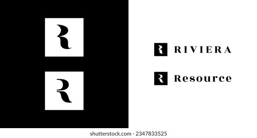 Diseño del logotipo R con curvas de forma R insertadas en un cuadrado. Elegante, moderno, diseño de logotipo en blanco y negro con fuente serif como logotipo vectorial.