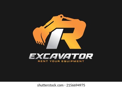 R logo excavator for construction company. Heavy equipment template vector illustration for your brand.