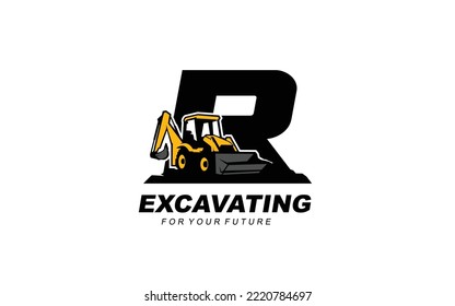 R logo excavator for construction company. Heavy equipment template vector illustration for your brand.