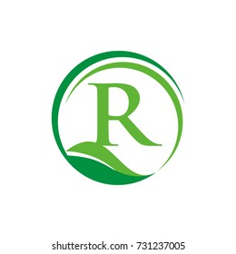 R logo initial letter design template vector inside semi circle shape with leaf accent.