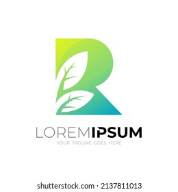 Logotipo R y combinación de diseño de hoja, vector de logotipo verde