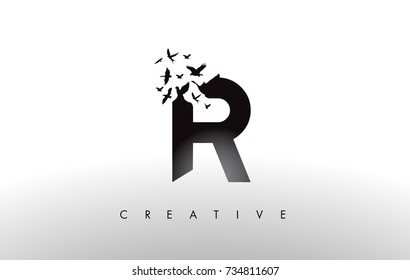 R Logo Letter with Flying Flock of Birds Disintegrating from the Letter. Bird Fly Letter Icon.