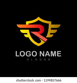 R logo with a shield that uses wings and a modern look + logo letter r ,security defense icon