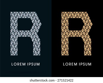 R ,Luxury Abstract Jewelry Font, designed using gold and silver colors geometric shape on dark background, sign ,logo, symbol, icon, graphic, vector.