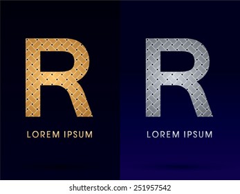R Luxury font, designed using gold and silver line geometric shape on dark background, idea from wicker,basket ,woven, ribbons, jewelry, diamond ,rope, logo, symbol, icon, graphic, vector.