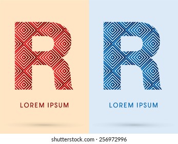 R ,Luxury font, designed using red and blue line square geometric shape, hot and cool tone, logo, symbol, icon, graphic, vector.