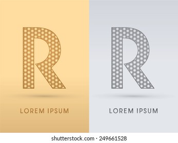 R ,Luxury  outline font ,designed using geometric on gold background, concept shape from screws, hexagon, honeycomb, jewelry, gems , logo, symbol, icon, graphic, vector.