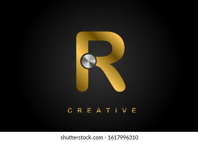 R metallic golden letter with silver screw vector illustration. Creative letter design for icon, logo, label, cover, print, emblem, company name, jewelry or web page. 