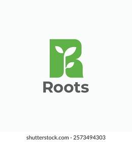 R monogram  with plant leaf grow minimal logo vector icon illustration. Negative space leaf on letter R logo