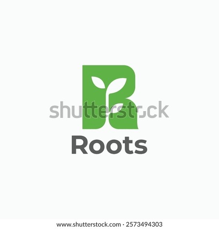 R monogram  with plant leaf grow minimal logo vector icon illustration. Negative space leaf on letter R logo
