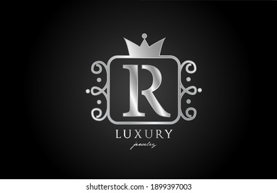 R monogram silver metal alphabet letter logo. Creative icon design with king crown for luxury business and company 