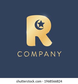 R Moon and Star Logo Design Template. Luxury Gold Vector
