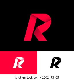 R origami logo. R letter like red ribbon on a different backgrounds. Monochrome option.