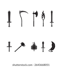 R P G Spiel Schwarz Silhouette Waffe Vektor Icons Set Schwerter Äxte Hämmer Design Illustrationen