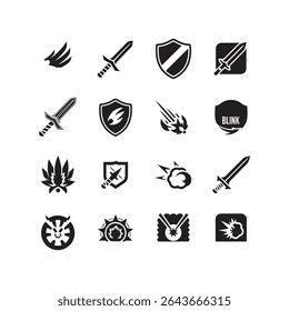 R P G Game silhouette vector Icons Set Black Swords Shields Wings Explosions illustrations