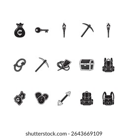 R P G Game silhouette vector Icons Set Treasure Adventure Backpack Pickaxe Key Torch Coins illustrations