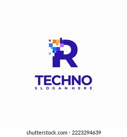 R Pixel Letter Logo Design Template, Pixel Technology logo symbol concept