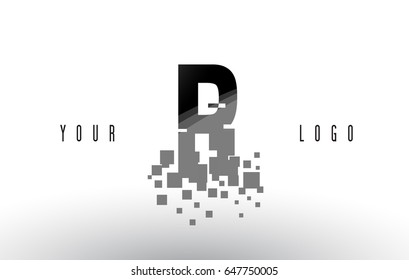 R Pixel Letter Logo with Digital Shattered Black Squares. Creative Letters Vector Illustration.