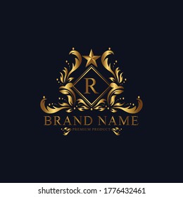 R premium luxury gold monogram logo. R letter logo. R monogram luxury gold logo.
