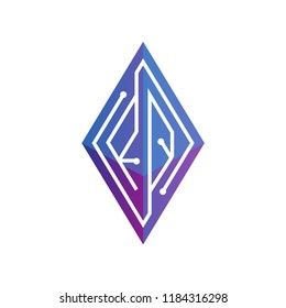 R Q Initial letter block chain logo icon vector template. Looping mono line circuit letter on rhombus cube logo