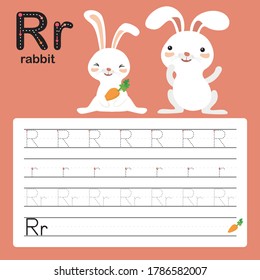 R, rabbit, Alphabet tracing worksheet for preschool and kindergarten to improve basic writing skills, vector, illustration 