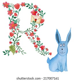 R and rabbit. Romantic floral alphabet with cartoon animals, watercolor art print.