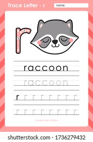 r - raccoon : Alphabet A-Z tracing letters worksheet - Exercises for kids