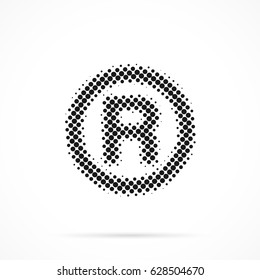 R - Registered Trademark symbol in halftone. Dotted illustration isolated on a white background.
Vector illustration.