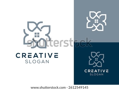 R rotation and house with leaf or flower elements logo design for real estate or hotel
