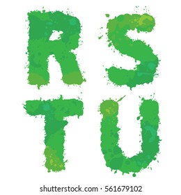 R, S, T, U, Handdrawn English Alphabet - Letters Are Made Of Green Watercolor, Ink Splatter, Paint Splash Font. Isolated On White Background.