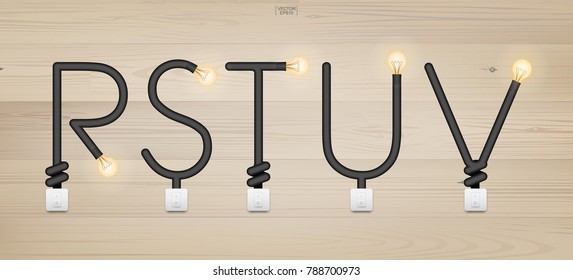 R, S, T, U, V - Set of stylized alphabet letters. Abstract alphabet of light bulb and light switch on wood background. Vector illustration.